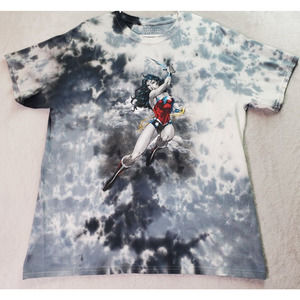 Wonder Woman Shirt Unisex Large White Gray Tie Dye Cotton Short Sleeve Crew Neck